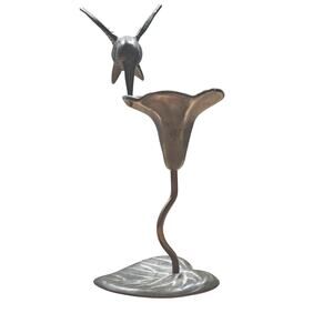 VTG Bronze Hummingbird on Trumpet Vine Leaf Base Sculpture Green Patina c1980s